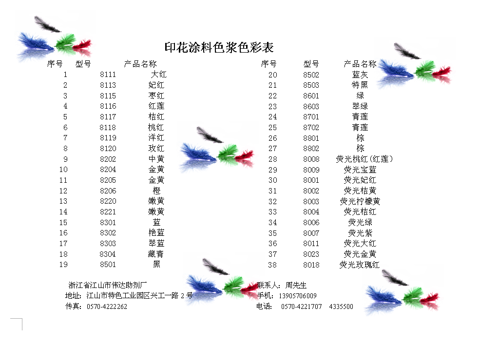 印花涂料色漿色彩表